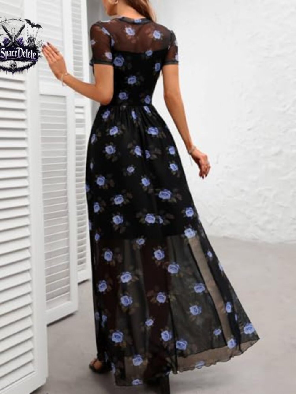 Mesh Maxi Dress with High Slit, Floral Print, Short Sleeve, High Waist - Picture 3 of 7